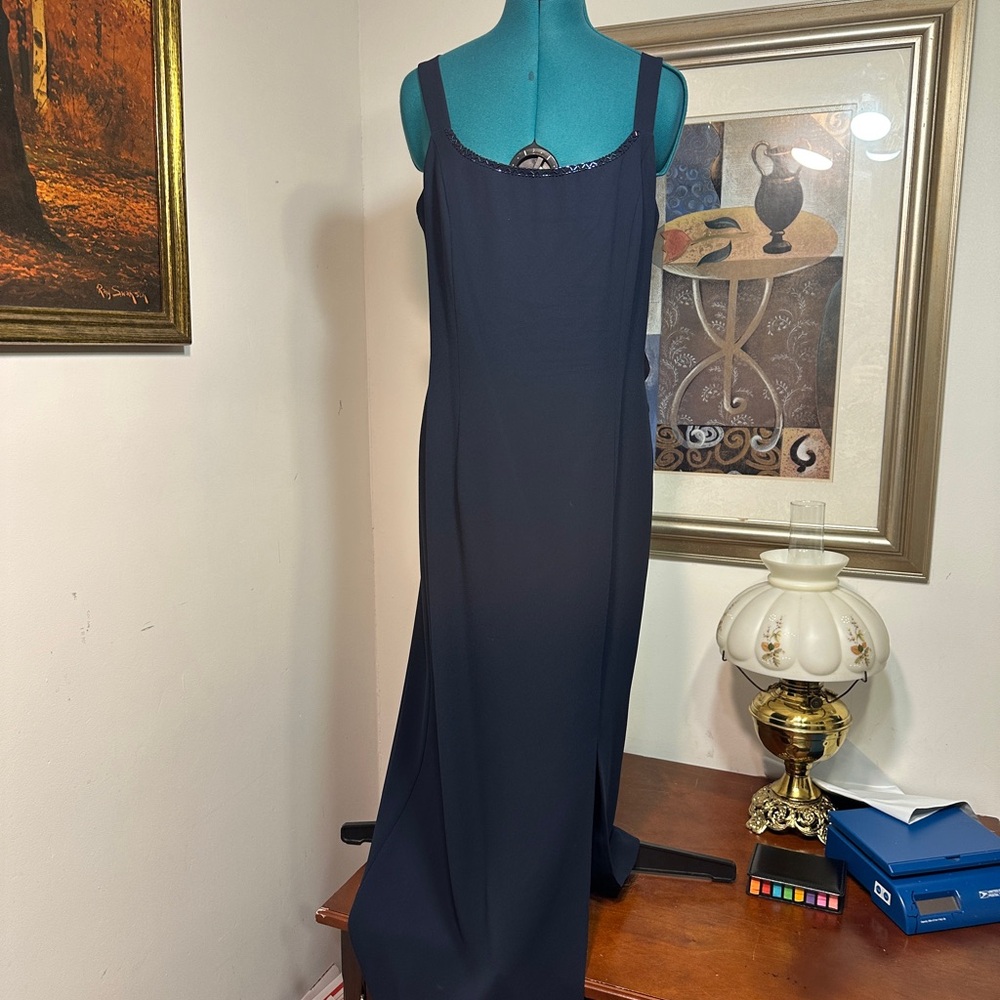 J.R Nites By Caliendo Navy Blue Beaded Lined Sleeveless Evening Dress Size 12